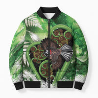 Piwakawaka New Zealand Christmas In July Bomber Puffer Jacket NZ Aroha Koru Fern Marble Vibes LT14 Unisex Green - Polynesian Pride