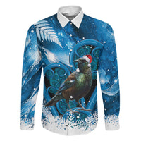Tui Bird New Zealand Christmas In July Family Matching Long Sleeve Bodycon Dress and Hawaiian Shirt NZ Aroha Koru Fern Marble Vibes LT14 Dad's Shirt - Long Sleeve Blue - Polynesian Pride