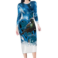 Tui Bird New Zealand Christmas In July Family Matching Long Sleeve Bodycon Dress and Hawaiian Shirt NZ Aroha Koru Fern Marble Vibes LT14 Mom's Dress Blue - Polynesian Pride