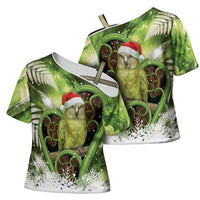 Kakapo New Zealand Christmas In July Cross Shoulder Shirt NZ Aroha Koru Fern Marble Vibes LT14 - Polynesian Pride