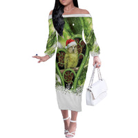 Kakapo New Zealand Christmas In July Family Matching Off The Shoulder Long Sleeve Dress and Hawaiian Shirt NZ Aroha Koru Fern Marble Vibes LT14 Mom's Dress Green - Polynesian Pride