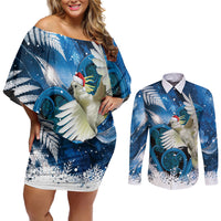 Sulphur-crested Cockatoo New Zealand Christmas In July Couples Matching Off Shoulder Short Dress and Long Sleeve Button Shirt NZ Aroha Koru Fern Marble Vibes LT14 Blue - Polynesian Pride