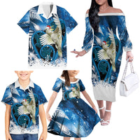 Sulphur-crested Cockatoo New Zealand Christmas In July Family Matching Off The Shoulder Long Sleeve Dress and Hawaiian Shirt NZ Aroha Koru Fern Marble Vibes LT14 - Polynesian Pride