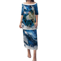 Sulphur-crested Cockatoo New Zealand Christmas In July Family Matching Puletasi and Hawaiian Shirt NZ Aroha Koru Fern Marble Vibes LT14 Mom's Dress Blue - Polynesian Pride