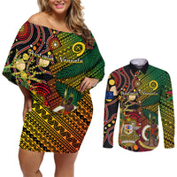 Vanuatu and Australia Couples Matching Off Shoulder Short Dress and Long Sleeve Button Shirts Vanuatuan Polynesian Mix Aussie Aboriginal Art LT14 Black - Polynesian Pride