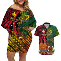 Vanuatu and Papua New Guinea Couples Matching Off Shoulder Short Dress and Hawaiian Shirt Vanuatuan With PNG Polynesian Pattern LT14 Black - Polynesian Pride
