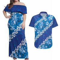 Vintage Blue Polynesia Couples Matching Off Shoulder Maxi Dress and Hawaiian Shirt Plumeria With Hibiscus Tropical Vibes LT14 Blue - Polynesian Pride