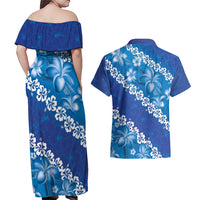 Vintage Blue Polynesia Couples Matching Off Shoulder Maxi Dress and Hawaiian Shirt Plumeria With Hibiscus Tropical Vibes LT14 - Polynesian Pride
