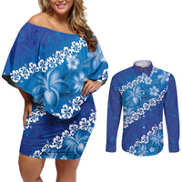 Vintage Blue Polynesia Couples Matching Off Shoulder Short Dress and Long Sleeve Button Shirt Plumeria With Hibiscus Tropical Vibes LT14 Blue - Polynesian Pride