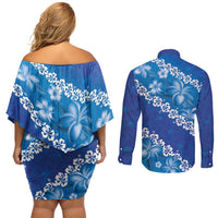 Vintage Blue Polynesia Couples Matching Off Shoulder Short Dress and Long Sleeve Button Shirt Plumeria With Hibiscus Tropical Vibes LT14 - Polynesian Pride