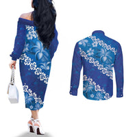 Vintage Blue Polynesia Couples Matching Off The Shoulder Long Sleeve Dress and Long Sleeve Button Shirt Plumeria With Hibiscus Tropical Vibes LT14 - Polynesian Pride