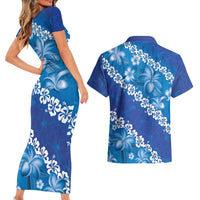 Vintage Blue Polynesia Couples Matching Short Sleeve Bodycon Dress and Hawaiian Shirt Plumeria With Hibiscus Tropical Vibes LT14 - Polynesian Pride