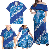 Vintage Blue Polynesia Family Matching Off Shoulder Maxi Dress and Hawaiian Shirt Plumeria With Hibiscus Tropical Vibes LT14 - Polynesian Pride
