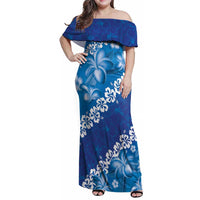 Vintage Blue Polynesia Family Matching Off Shoulder Maxi Dress and Hawaiian Shirt Plumeria With Hibiscus Tropical Vibes LT14 Mom's Dress Blue - Polynesian Pride