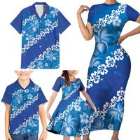 Vintage Blue Polynesia Family Matching Short Sleeve Bodycon Dress and Hawaiian Shirt Plumeria With Hibiscus Tropical Vibes LT14 - Polynesian Pride