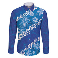 Vintage Blue Polynesia Family Matching Tank Maxi Dress and Hawaiian Shirt Plumeria With Hibiscus Tropical Vibes LT14 Dad's Shirt - Long Sleeve Blue - Polynesian Pride