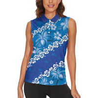 Vintage Blue Polynesia Women Sleeveless Polo Shirt Plumeria With Hibiscus Tropical Vibes LT14 - Polynesian Pride