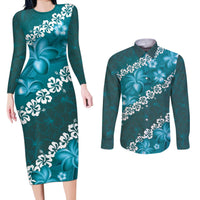 Vintage Dark Cyan Polynesia Couples Matching Long Sleeve Bodycon Dress and Long Sleeve Button Shirt Plumeria With Hibiscus Tropical Vibes LT14 Dark Cyan - Polynesian Pride