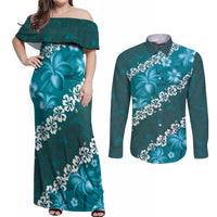 Vintage Dark Cyan Polynesia Couples Matching Off Shoulder Maxi Dress and Long Sleeve Button Shirt Plumeria With Hibiscus Tropical Vibes LT14 Dark Cyan - Polynesian Pride