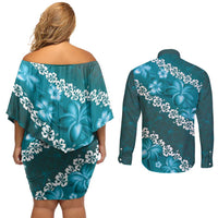 Vintage Dark Cyan Polynesia Couples Matching Off Shoulder Short Dress and Long Sleeve Button Shirt Plumeria With Hibiscus Tropical Vibes LT14 - Polynesian Pride