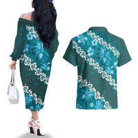 Vintage Dark Cyan Polynesia Couples Matching Off The Shoulder Long Sleeve Dress and Hawaiian Shirt Plumeria With Hibiscus Tropical Vibes LT14 - Polynesian Pride