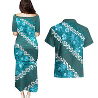 Vintage Dark Cyan Polynesia Couples Matching Puletasi and Hawaiian Shirt Plumeria With Hibiscus Tropical Vibes LT14 - Polynesian Pride