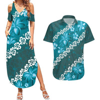 Vintage Dark Cyan Polynesia Couples Matching Summer Maxi Dress and Hawaiian Shirt Plumeria With Hibiscus Tropical Vibes LT14 Dark Cyan - Polynesian Pride