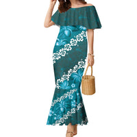 Vintage Dark Cyan Polynesia Family Matching Mermaid Dress and Hawaiian Shirt Plumeria With Hibiscus Tropical Vibes LT14 Mom's Dress Dark Cyan - Polynesian Pride