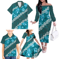 Vintage Dark Cyan Polynesia Family Matching Off The Shoulder Long Sleeve Dress and Hawaiian Shirt Plumeria With Hibiscus Tropical Vibes LT14 - Polynesian Pride