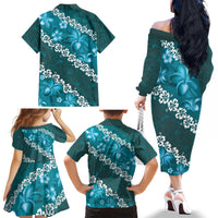 Vintage Dark Cyan Polynesia Family Matching Off The Shoulder Long Sleeve Dress and Hawaiian Shirt Plumeria With Hibiscus Tropical Vibes LT14 - Polynesian Pride