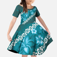 Vintage Dark Cyan Polynesia Family Matching Off Shoulder Maxi Dress and Hawaiian Shirt Plumeria With Hibiscus Tropical Vibes LT14 Daughter's Dress Dark Cyan - Polynesian Pride