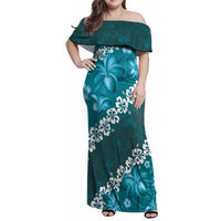 Vintage Dark Cyan Polynesia Family Matching Off Shoulder Maxi Dress and Hawaiian Shirt Plumeria With Hibiscus Tropical Vibes LT14 Mom's Dress Dark Cyan - Polynesian Pride
