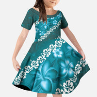 Vintage Dark Cyan Polynesia Family Matching Puletasi and Hawaiian Shirt Plumeria With Hibiscus Tropical Vibes LT14 Daughter's Dress Dark Cyan - Polynesian Pride