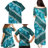 Vintage Dark Cyan Polynesia Family Matching Puletasi and Hawaiian Shirt Plumeria With Hibiscus Tropical Vibes LT14 - Polynesian Pride