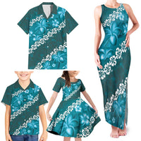 Vintage Dark Cyan Polynesia Family Matching Tank Maxi Dress and Hawaiian Shirt Plumeria With Hibiscus Tropical Vibes LT14 - Polynesian Pride