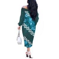 Vintage Dark Cyan Polynesia Off The Shoulder Long Sleeve Dress Plumeria With Hibiscus Tropical Vibes LT14 - Polynesian Pride