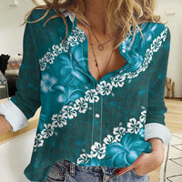 Vintage Dark Cyan Polynesia Women Casual Shirt Plumeria With Hibiscus Tropical Vibes LT14 Female Dark Cyan - Polynesian Pride