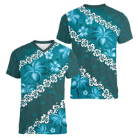 Vintage Dark Cyan Polynesia Women V-Neck T-Shirt Plumeria With Hibiscus Tropical Vibes LT14 - Polynesian Pride
