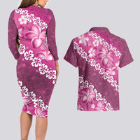 Vintage Pink Polynesia Couples Matching Long Sleeve Bodycon Dress and Hawaiian Shirt Plumeria With Hibiscus Tropical Vibes LT14 - Polynesian Pride