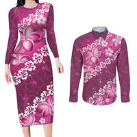 Vintage Pink Polynesia Couples Matching Long Sleeve Bodycon Dress and Long Sleeve Button Shirt Plumeria With Hibiscus Tropical Vibes LT14 Pink - Polynesian Pride