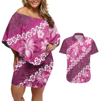 Vintage Pink Polynesia Couples Matching Off Shoulder Short Dress and Hawaiian Shirt Plumeria With Hibiscus Tropical Vibes LT14 Pink - Polynesian Pride