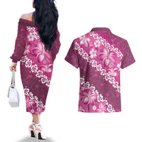 Vintage Pink Polynesia Couples Matching Off The Shoulder Long Sleeve Dress and Hawaiian Shirt Plumeria With Hibiscus Tropical Vibes LT14 - Polynesian Pride