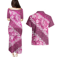 Vintage Pink Polynesia Couples Matching Puletasi and Hawaiian Shirt Plumeria With Hibiscus Tropical Vibes LT14 - Polynesian Pride