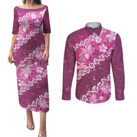 Vintage Pink Polynesia Couples Matching Puletasi and Long Sleeve Button Shirt Plumeria With Hibiscus Tropical Vibes