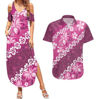Vintage Pink Polynesia Couples Matching Summer Maxi Dress and Hawaiian Shirt Plumeria With Hibiscus Tropical Vibes LT14 Pink - Polynesian Pride