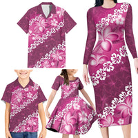 Vintage Pink Polynesia Family Matching Long Sleeve Bodycon Dress and Hawaiian Shirt Plumeria With Hibiscus Tropical Vibes LT14 - Polynesian Pride
