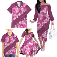 Vintage Pink Polynesia Family Matching Off The Shoulder Long Sleeve Dress and Hawaiian Shirt Plumeria With Hibiscus Tropical Vibes LT14 - Polynesian Pride