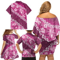 Vintage Pink Polynesia Family Matching Off Shoulder Short Dress and Hawaiian Shirt Plumeria With Hibiscus Tropical Vibes LT14 - Polynesian Pride