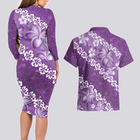 Vintage Purple Polynesia Couples Matching Long Sleeve Bodycon Dress and Hawaiian Shirt Plumeria With Hibiscus Tropical Vibes LT14 - Polynesian Pride