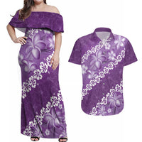 Vintage Purple Polynesia Couples Matching Off Shoulder Maxi Dress and Hawaiian Shirt Plumeria With Hibiscus Tropical Vibes LT14 Purple - Polynesian Pride